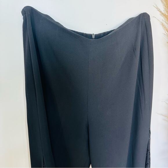 VINTAGE Black Sheer Panel Beaded Sequins High Rise Wide Leg Flare Dress Pants 8 - Picture 7 of 13
